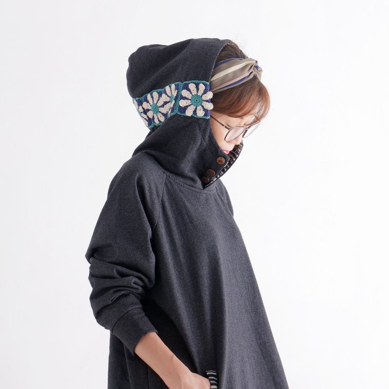 高领、花卉钩编×条纹连帽、刷毛内里、套头衫、连帽衫、炭灰色、d-tp507 - 女装上衣 - 棉．麻 灰色