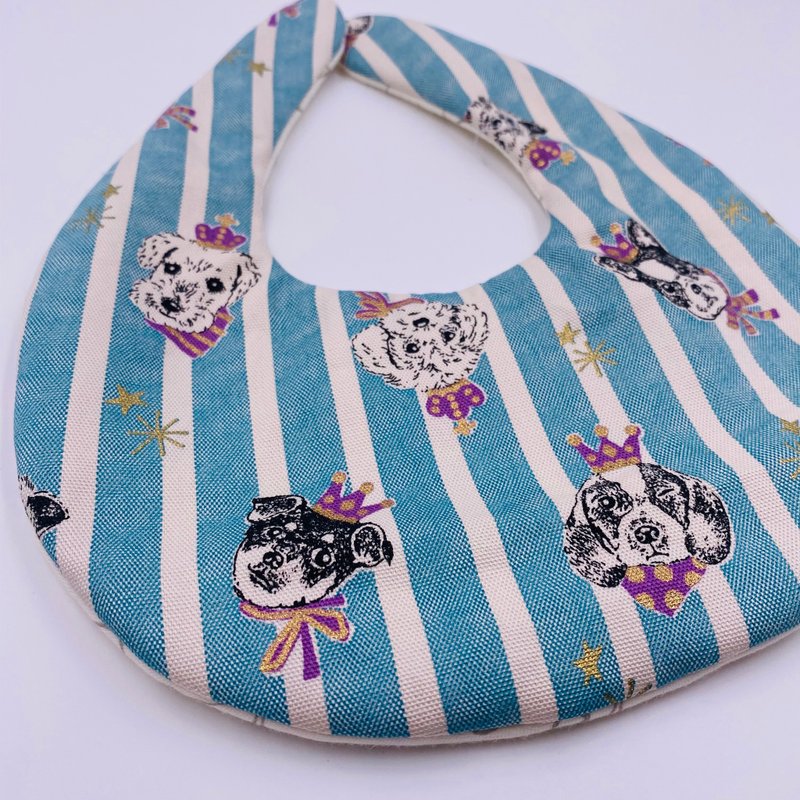皇冠狗狗蓝绿条纹围兜 二重纱 口水巾 设计款 弥月礼 - 围嘴/口水巾 - 棉．麻 蓝色