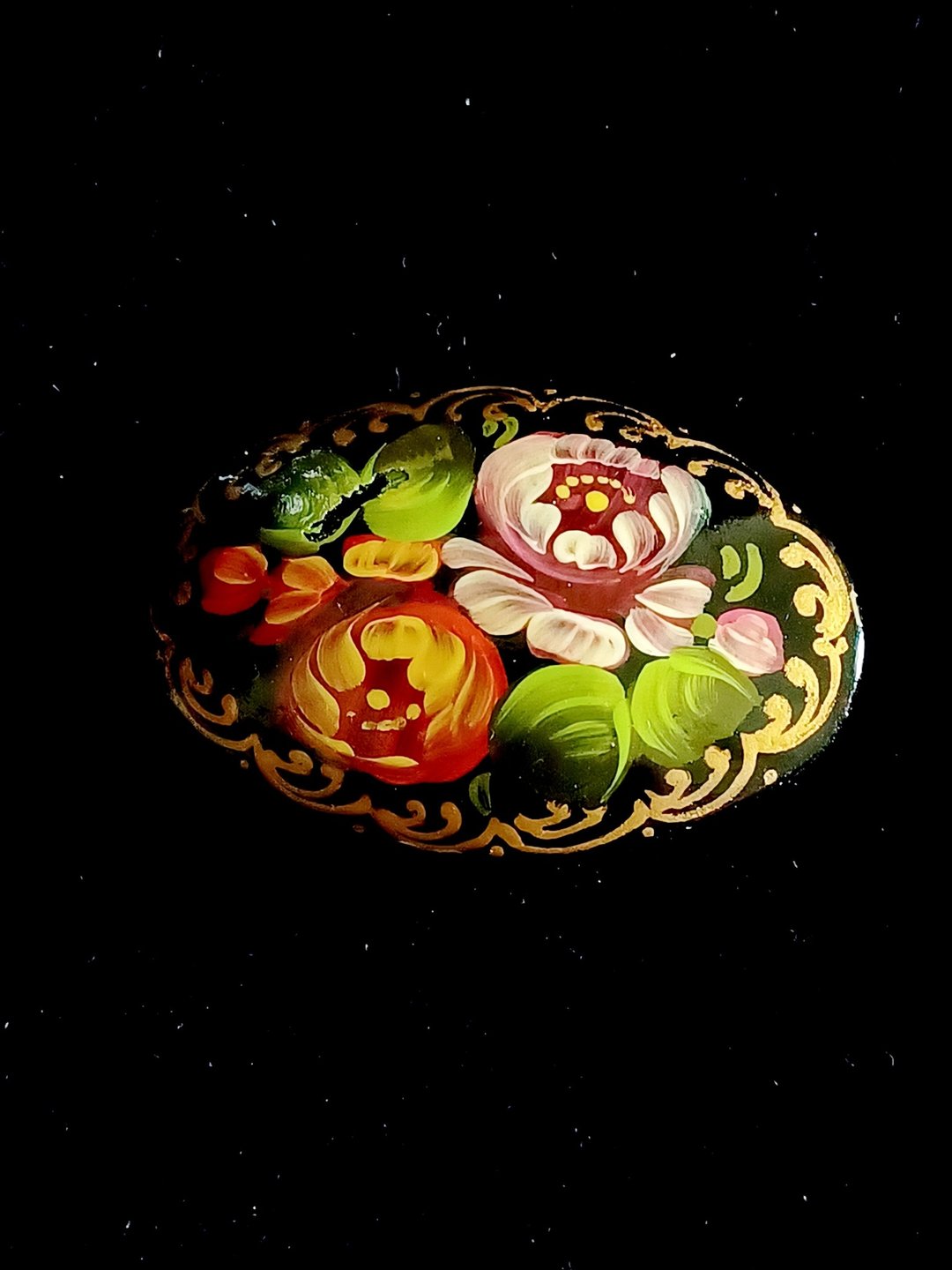 vintage jewelry  俄罗斯手绘含苞花卉木制漆涂 胸针 别针 - 胸针 - 木头 
