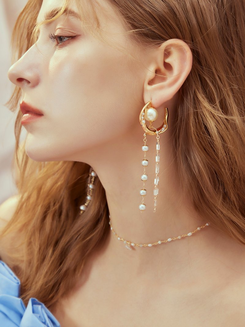 缩时记录员。 MUCHAT手作14+18KGP扭结珍珠垂链C圈耳环 - 耳环/耳夹 - 其他材质 金色