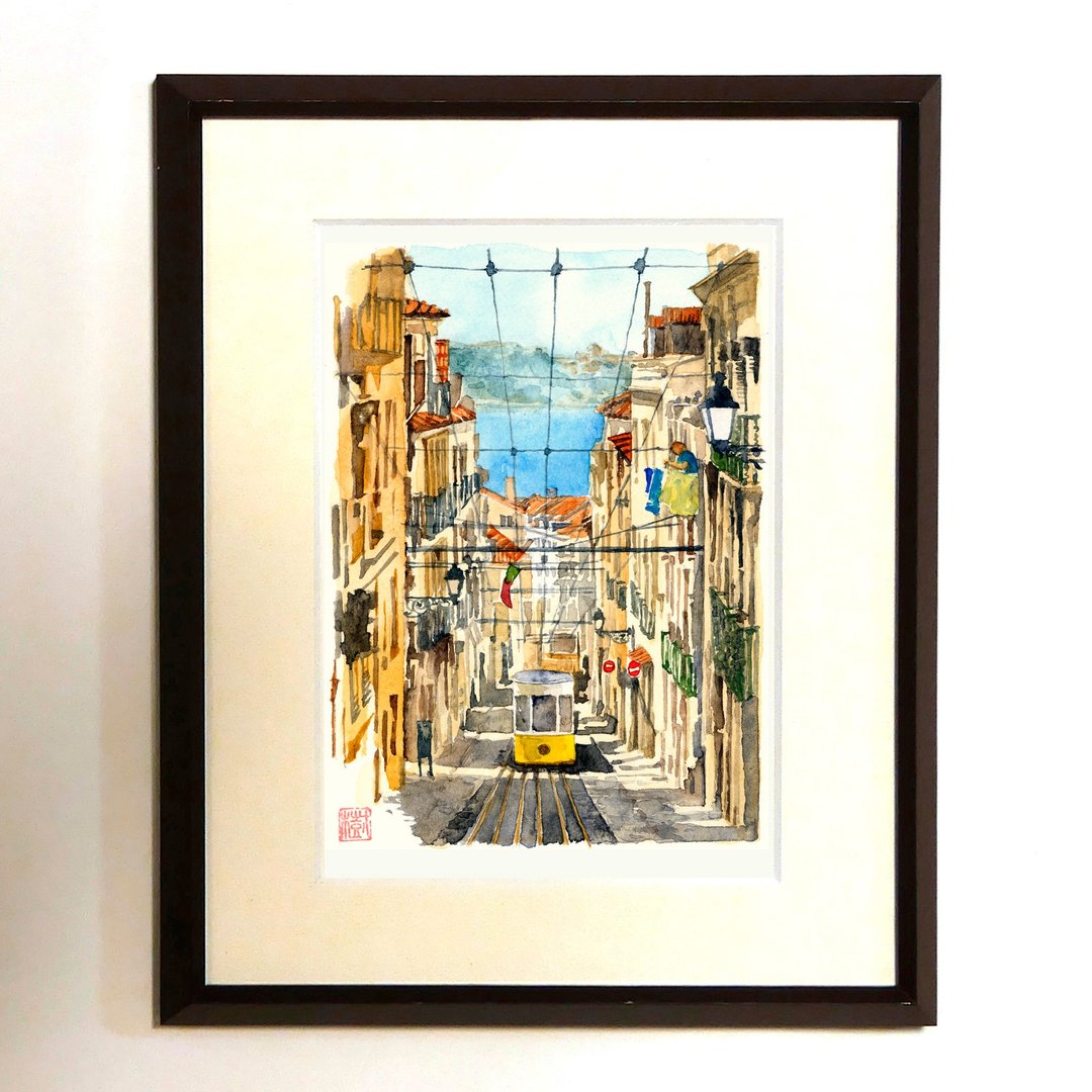 | Cable car in the town of slopes | Watercolor painting/reproduction/framed goods - 海报/装饰画/版画 - 纸 