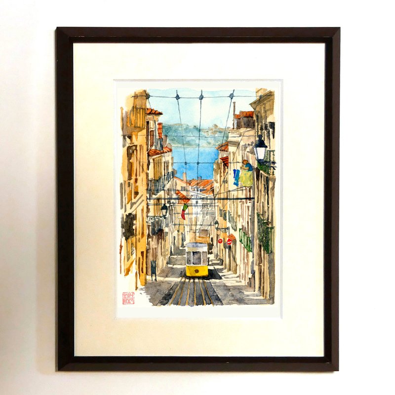 | Cable car in the town of slopes | Watercolor painting/reproduction/framed goods - 海报/装饰画/版画 - 纸 
