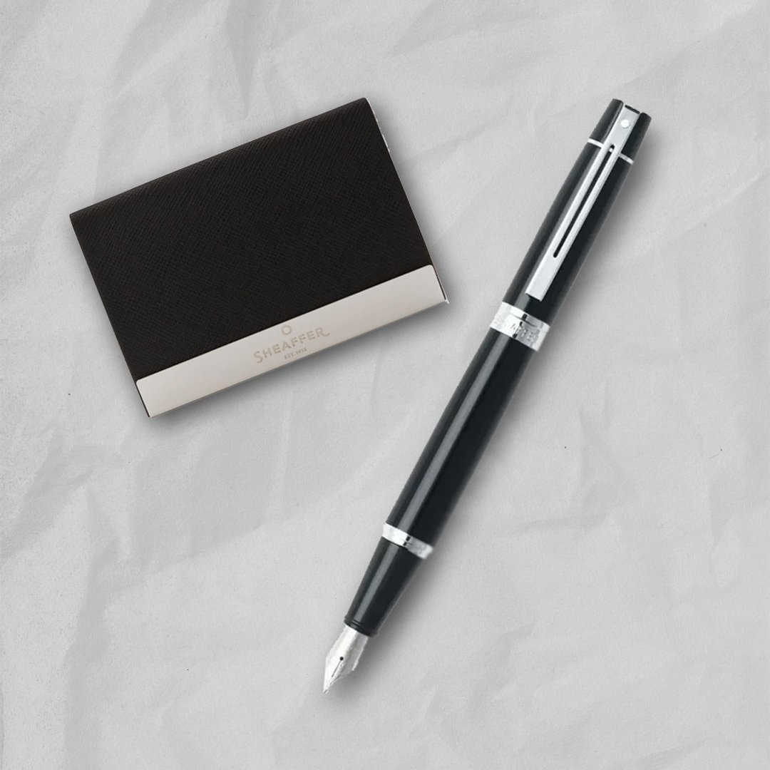 【SHEAFFER】300 系列黑杆银夹钢笔-F 尖 + 商务名片盒 免费刻字 - 钢笔 - 其他金属 黑色