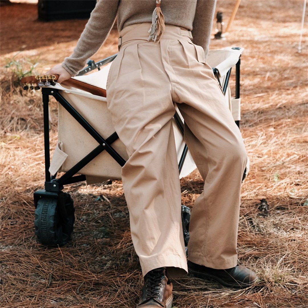 卡其色 軍工風英式廓爾格高腰直筒工裝寬鬆長褲 Gurkha Pants - 女装长裤 - 棉 卡其色