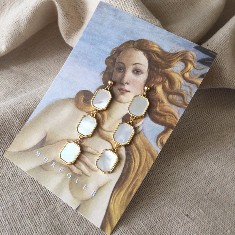 海边的风景 | 光泽白贝母贝壳金色垂坠式耳环 (925银针) - 耳环/耳夹 - 贝壳 白色