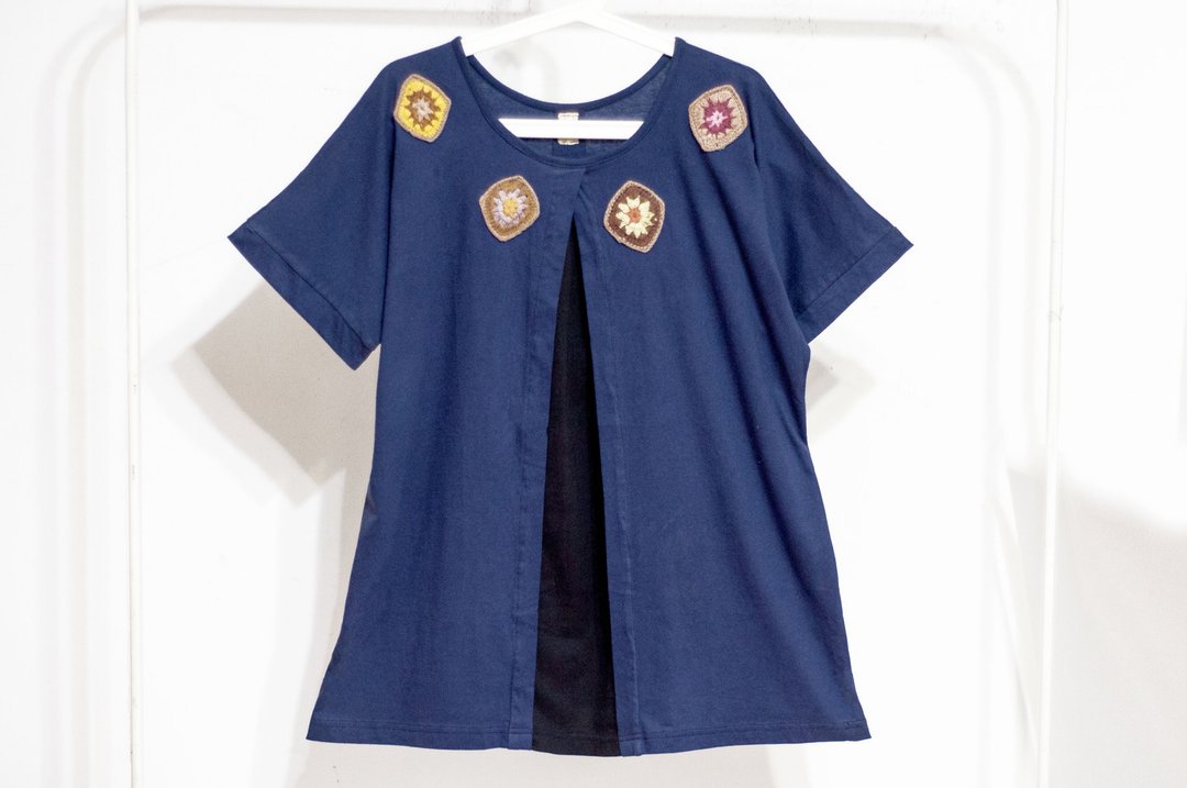 钩织上衣/不规则短袖上衣/手工刺绣Tee/ethnic tops-太平洋海洋 - 女装上衣 - 棉 蓝色