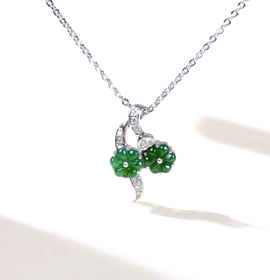 冰种老坑绿翡翠花花项链 18K 金钻石 | 天然缅甸玉翡翠 A 货 | 送礼 - 项链 - 玉石 绿色