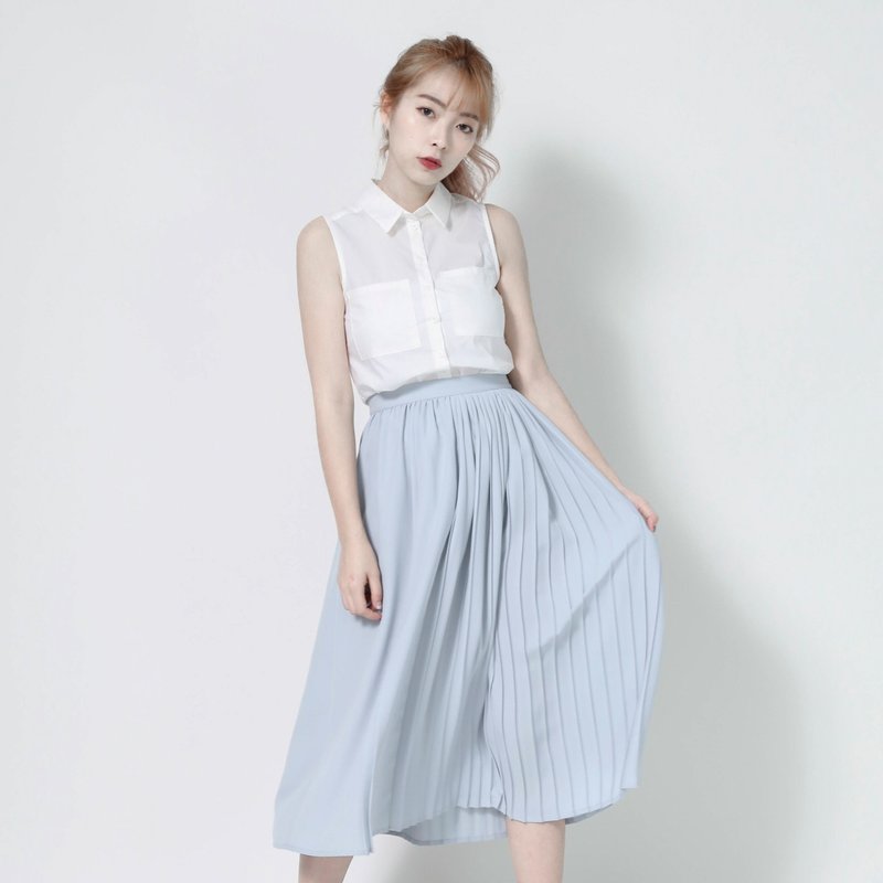 Asymmetry_介质不对称百褶裙_7SF151_淡蓝 - 裙子 - 棉．麻 蓝色