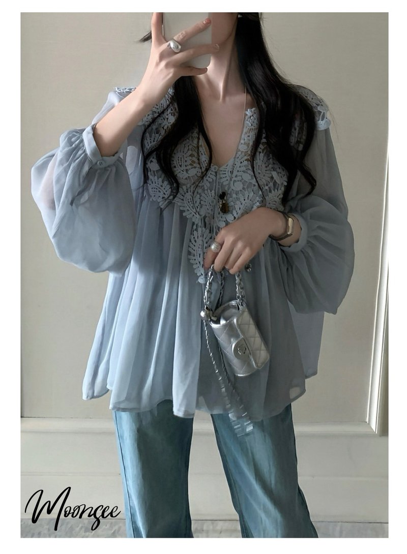 重工设计蕾丝灯笼袖镂空钩花法式温柔气质小衫配内搭背心 - 女装衬衫 - 聚酯纤维 