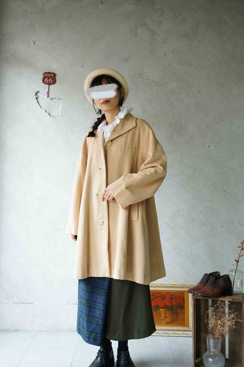 寻宝古着-浅鹅黄色伞版毛料复古大衣外套 - 女装休闲/机能外套 - 羊毛 黄色