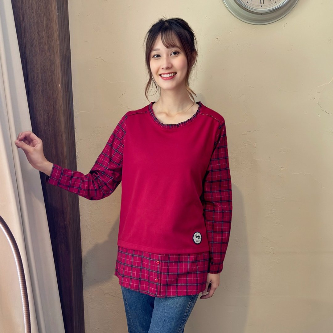 Hana Mokuba 圆领假两件拼接层次休闲上衣 - 女装上衣 - 其他材质 
