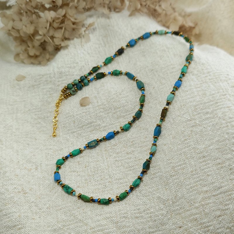 项链 天然 绿松石 古金铜色 琉璃珠 包金配件 - 项链 - 宝石 