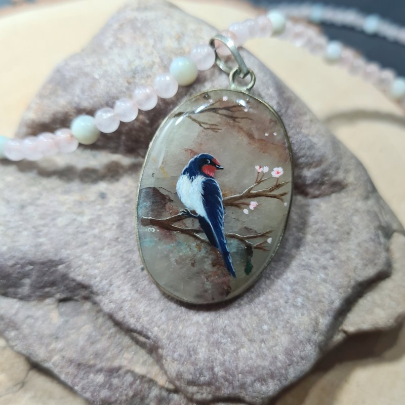 燕子项链 玫瑰粉色石英 圣诞节礼品包装 - 项链 - 石头 粉红色