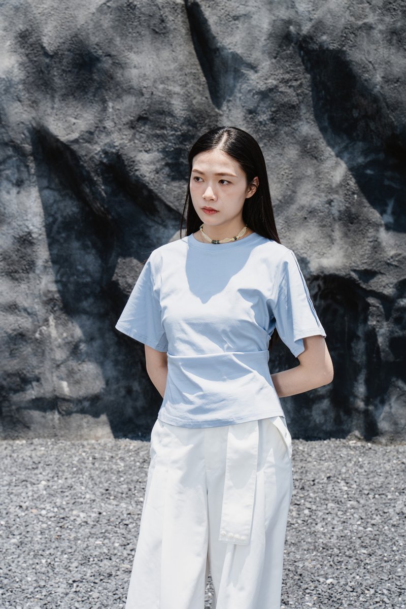 蓝色皱纹棉质 T 恤 - 女装 T 恤 - 棉．麻 蓝色