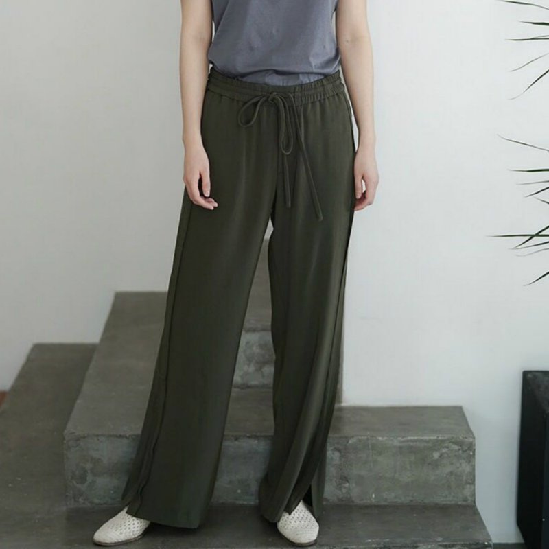 夏日卓別林 | 墨綠色 超顯瘦垂感抽繩直筒舒適光澤感寬鬆長褲子 - 女装长裤 - 聚酯纤维 绿色