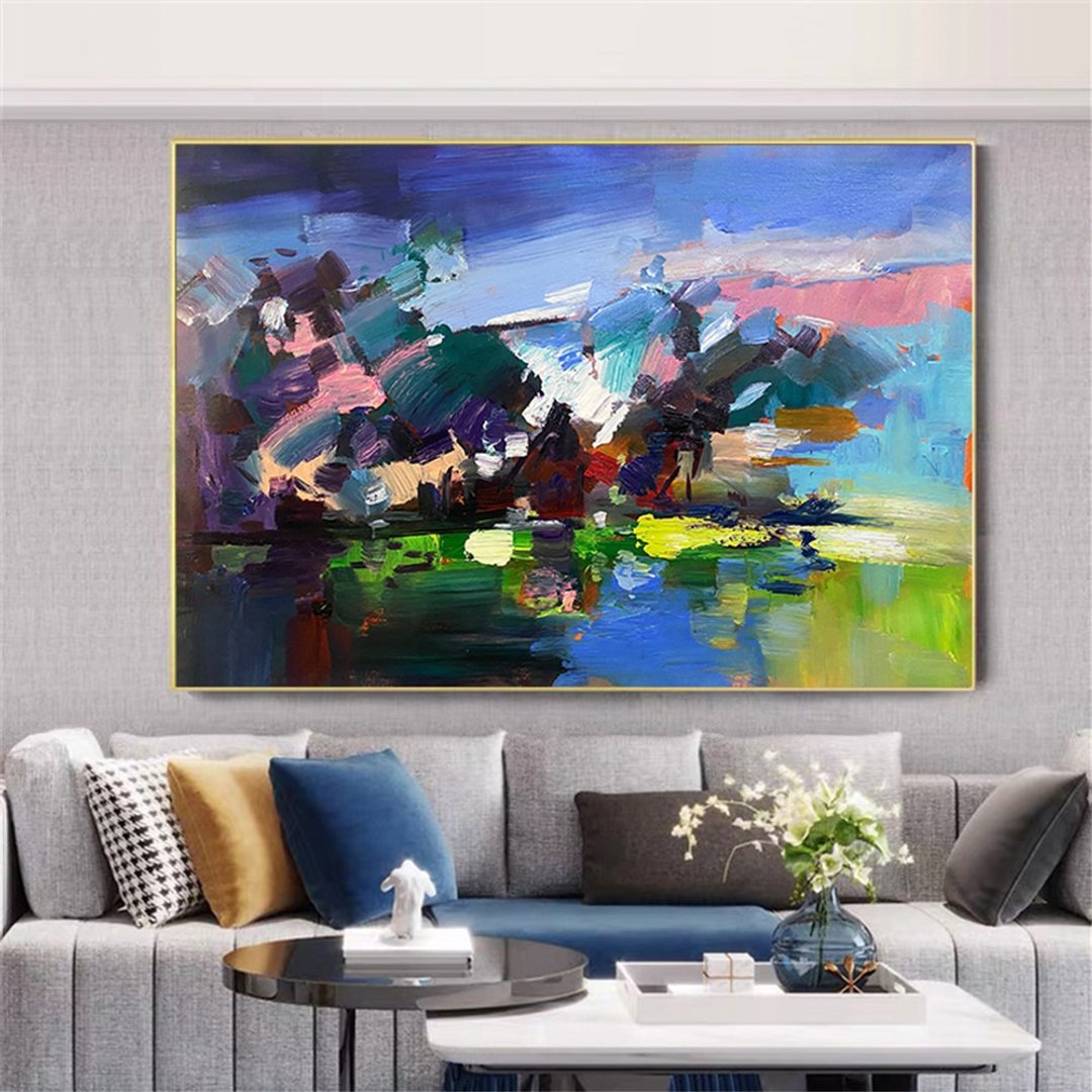 湖光山色 湖景肌理画/手绘丙烯抽象画/原创装饰画/客厅挂画/蓝色 - 海报/装饰画/版画 - 亚麻 蓝色