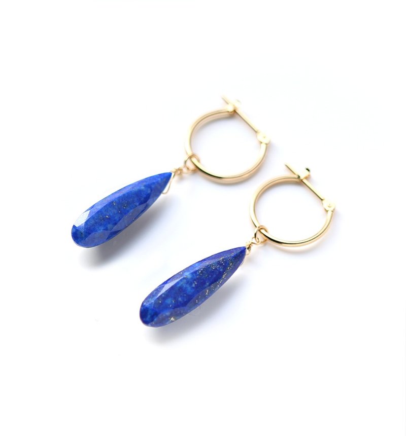 December birthstone Lapis lazuli (long pair shape) K18 crossing earrings ~RADIANT MOMENTS~ - 耳环/耳夹 - 宝石 蓝色