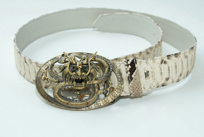 手工制作正品米色蟒蛇皮龙扣腰带 - 皮带/腰带 - 真皮 金色