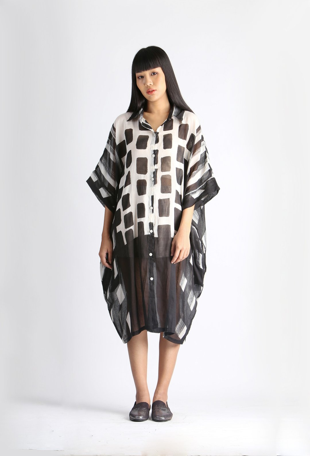 Hand Painted Cotton Kaftan for Summer Resort Vacation- Free Size - 洋装/连衣裙 - 棉 黑色