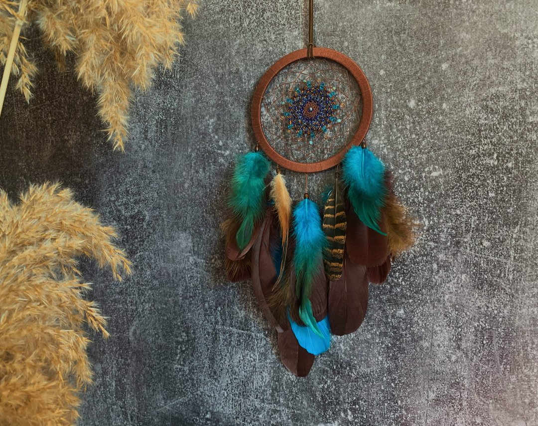 Handmade Brown Turquoise Dream Catcher - Authentic Native American Design - 墙贴/壁贴 - 绣线 咖啡色