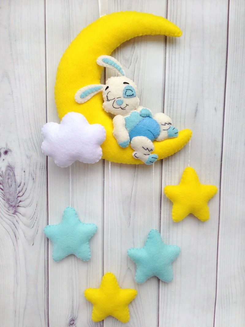 Rabbit Baby Boy Mobile, Bunny Felt Moon, Nursery Wall Decor, Hare, Crib Mobile - 墙贴/壁贴 - 环保材料 蓝色