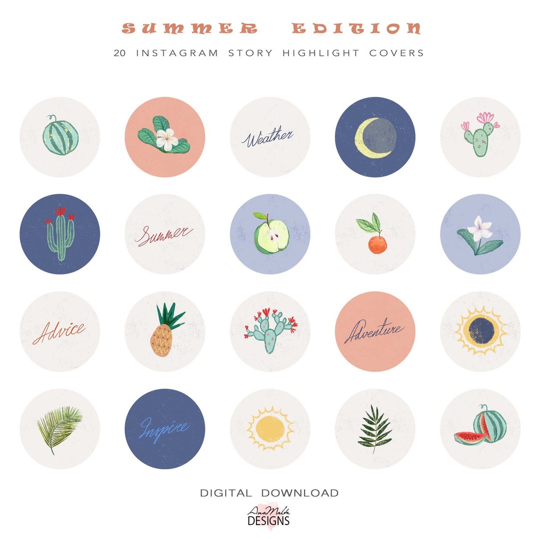 Summer Instagram highlight story cover. Social media icons. Digital download - 图文模板设计 - 其他材质 