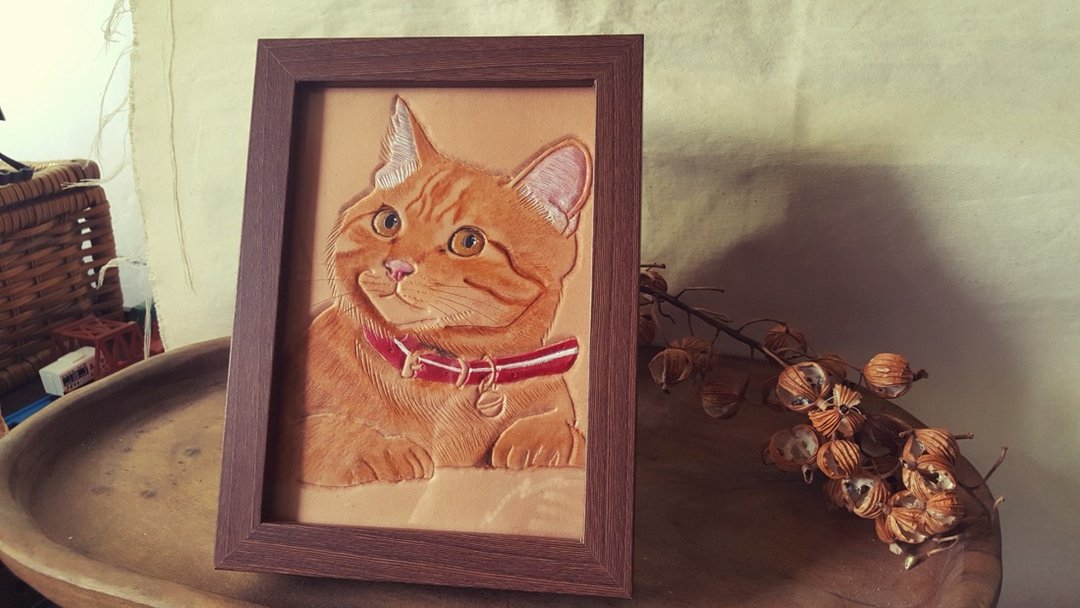 定制宠物猫咪纯牛皮木框 (订做情人、生日送礼) - 画框/相框 - 真皮 橘色