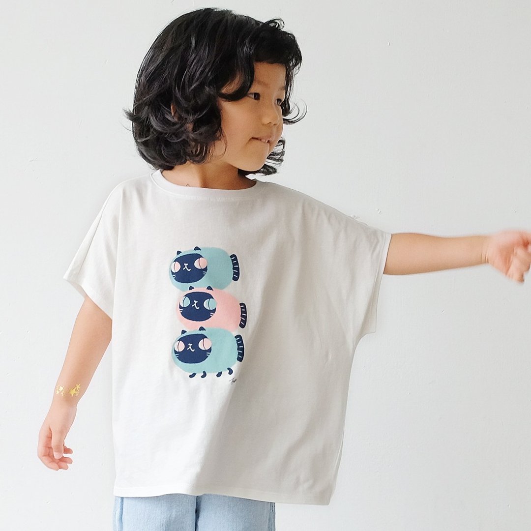 Kids Luna暹罗鱼喵/儿童纯棉Tshirt 落肩款 白-中性款 - 童装上衣 - 棉 白色