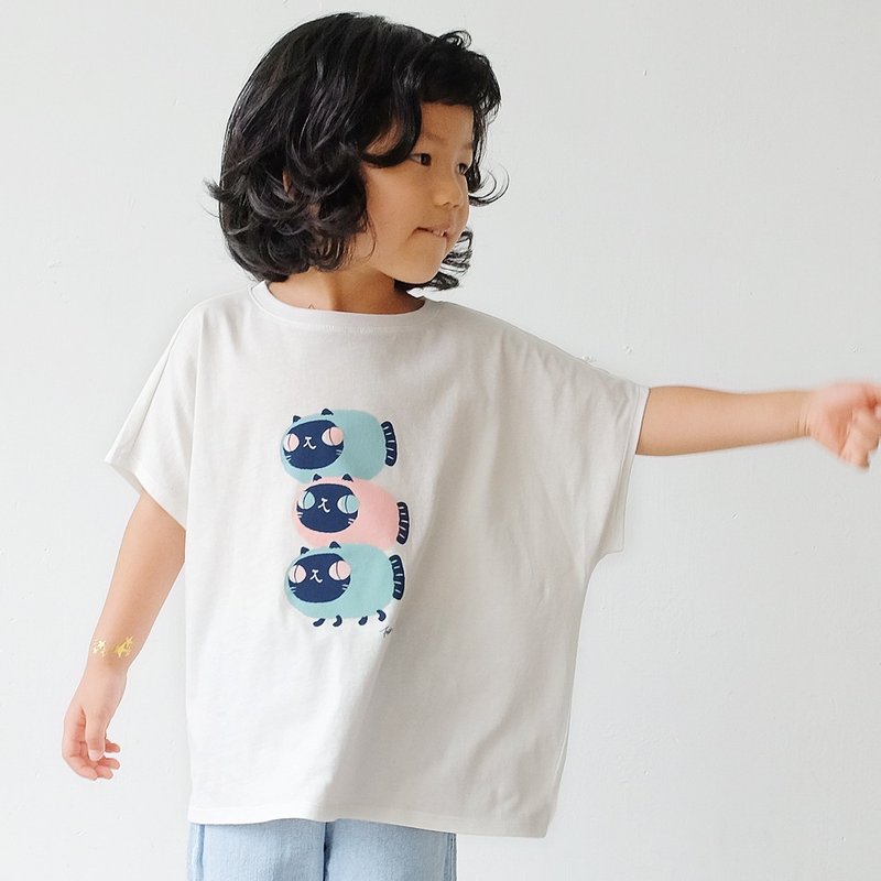 Kids Luna暹罗鱼喵/儿童纯棉Tshirt 落肩款 白-中性款 - 童装上衣 - 棉．麻 白色