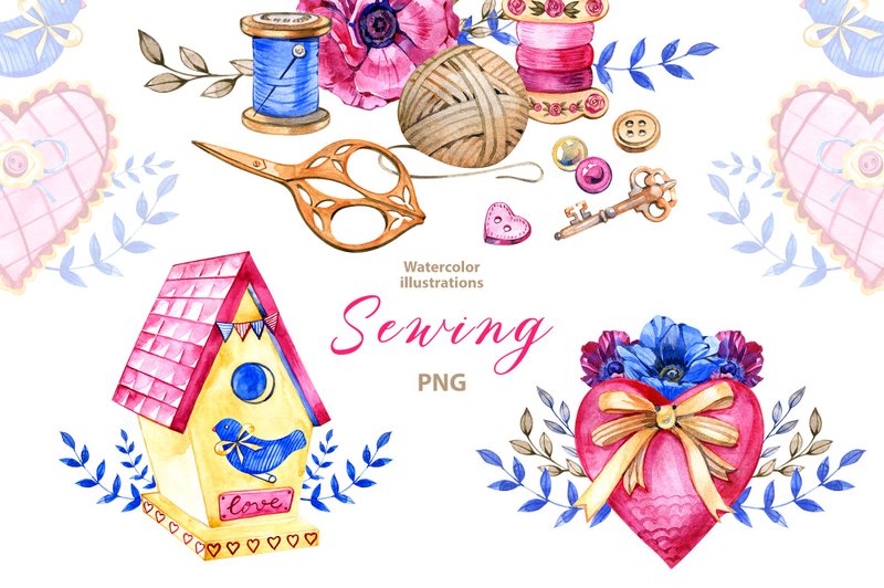 Watercolor sewing clipart needlework Png, Cottagecore Sewing Clipart, Embroidery - 电子手绘真人画像/绘画/插画 - 其他材质 