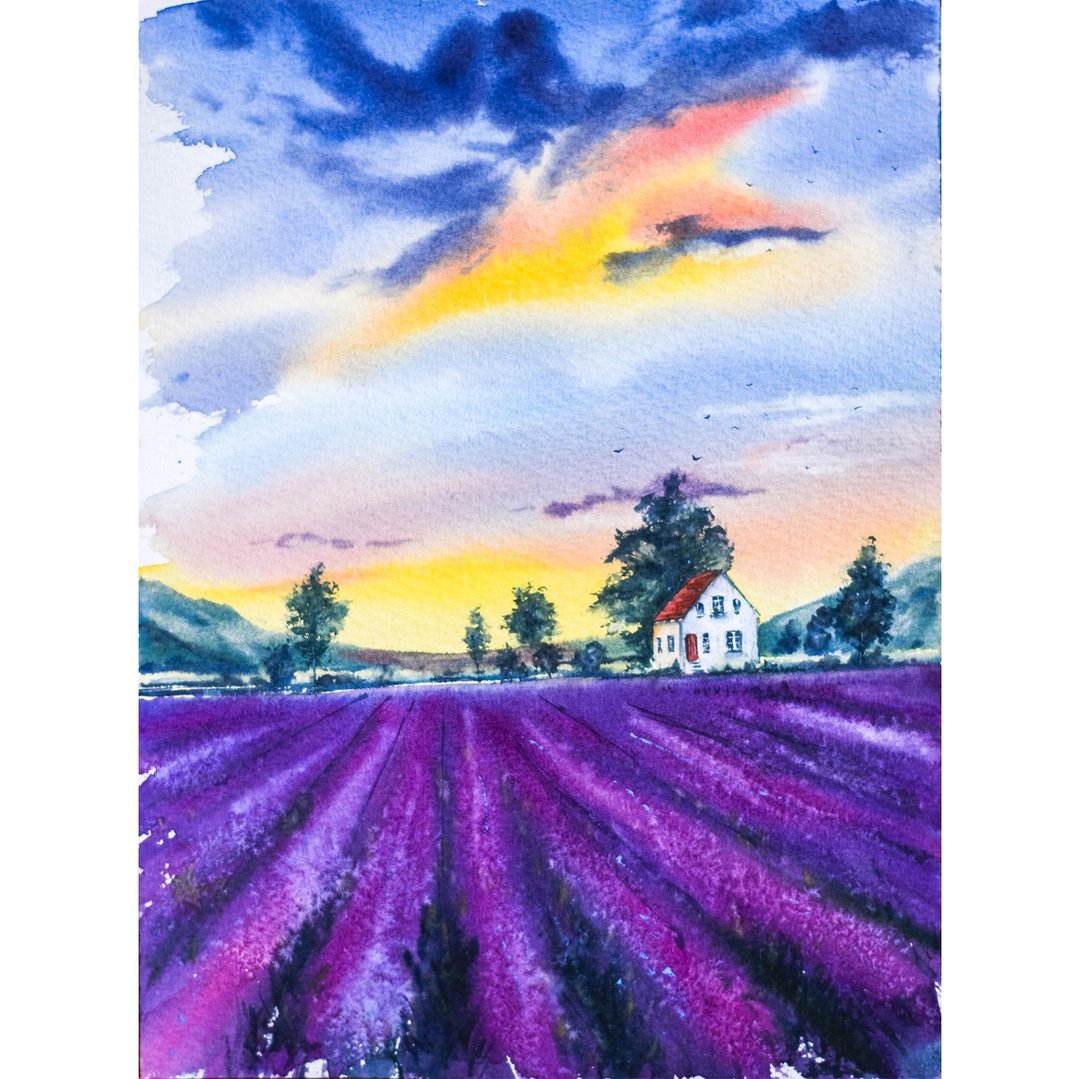 Provence Original Watercolor Painting Landscape Lavender Fields Home Wall Art - 海报/装饰画/版画 - 纸 多色