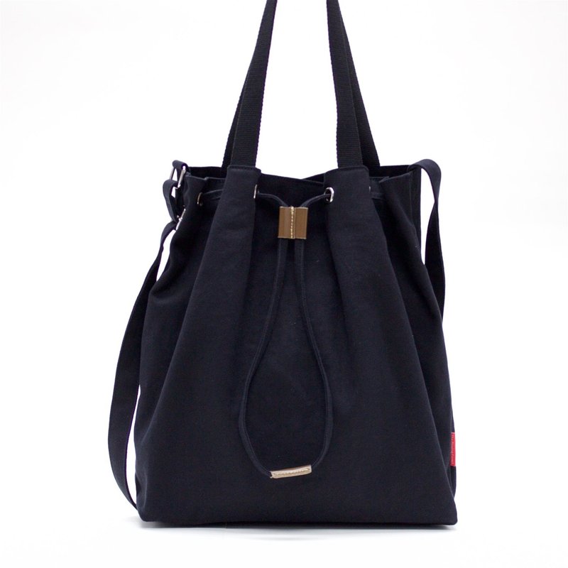 两用束口纯棉肩背包/水桶包/手提包 / 黑色 - 侧背包/斜挎包 - 棉．麻 黑色