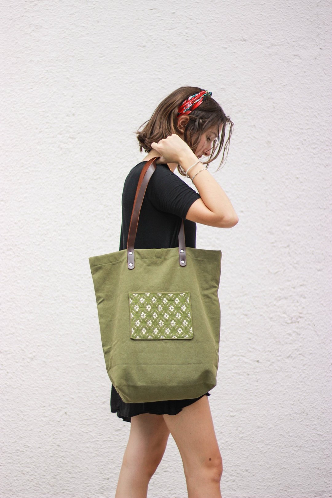 Denim Tote Bag with Genuine Leather Handles and Hand Embroidered Hmong Pocket - 手提包/手提袋 - 其他材质 绿色