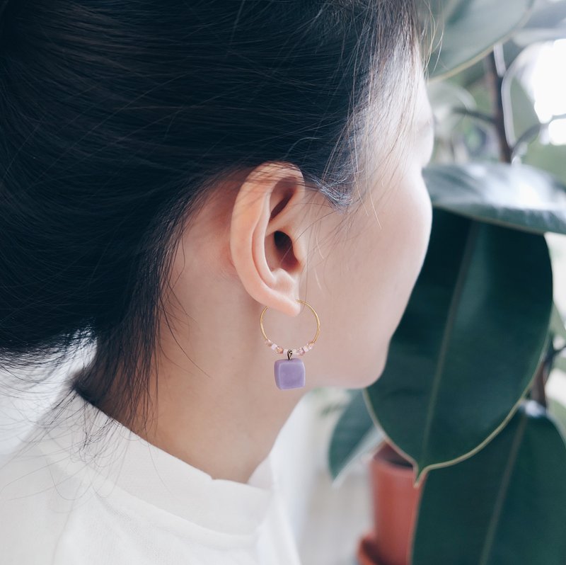 粉色方块耳环 / 环圈 / 手制 / 粘土 - 耳环/耳夹 - 粘土 紫色
