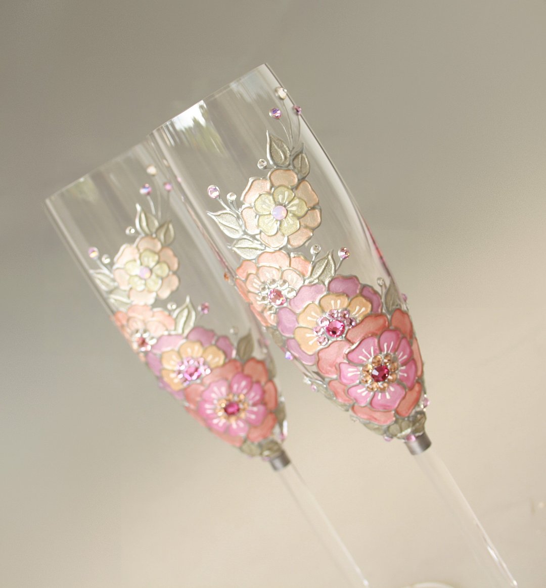 婚礼眼镜香槟，粉红桃红白色花卉设计，手绘，2 件套 - 酒杯/酒器 - 玻璃 粉红色
