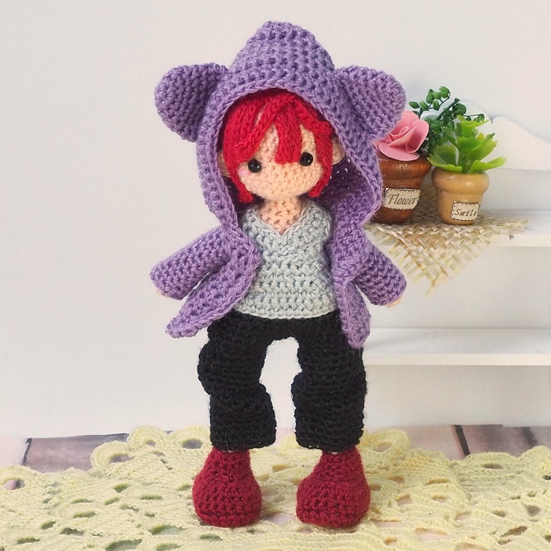 钩针娃娃/ amigurumi /钥匙链/ 紫色猫夹克/玩偶【接单订制】 - 玩偶/公仔 - 聚酯纤维 紫色