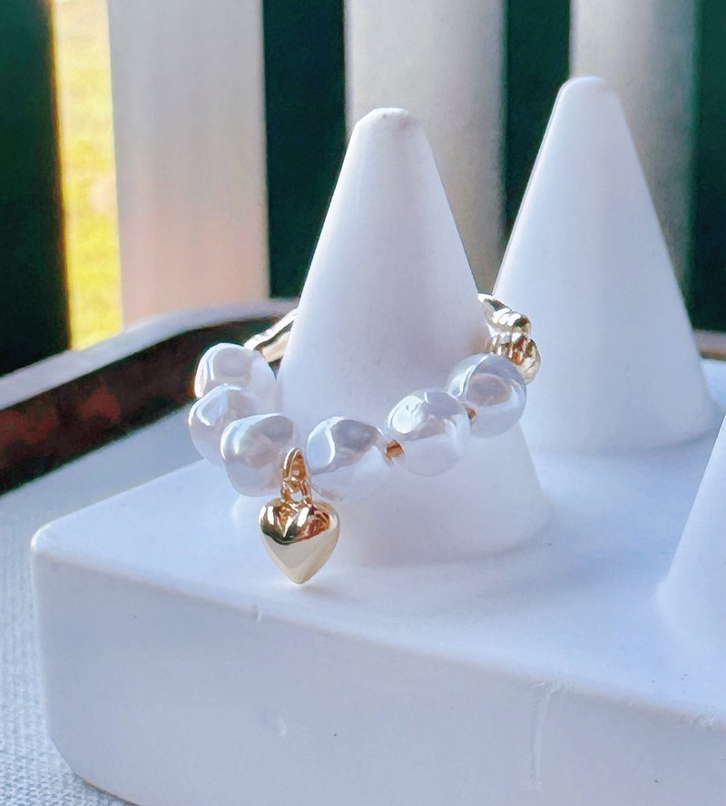 14K包真金爱心珍珠戒指 - 戒指 - 树脂 金色