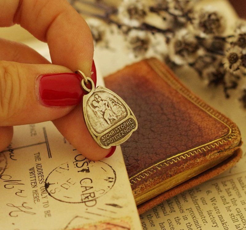 古董 圣克里斯多福Saint Christopher 法国 耶稣基督圣经老坠子 - 项链 - 其他金属 银色
