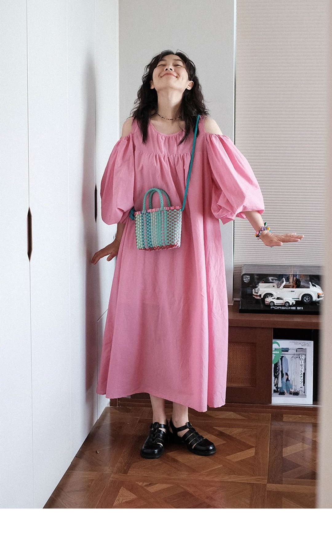 法式泡泡袖 露肩长裙连衣裙/洋装 - 洋装/连衣裙 - 棉 