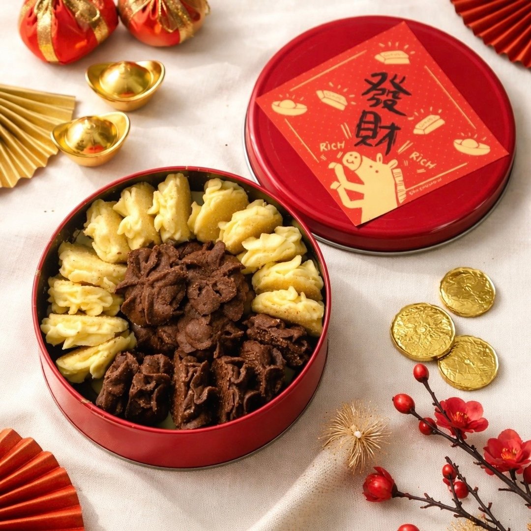 【新年限定】发财奶油曲奇礼盒・原味×巧克力・送春联 - 手工饼干 - 新鲜食材 红色