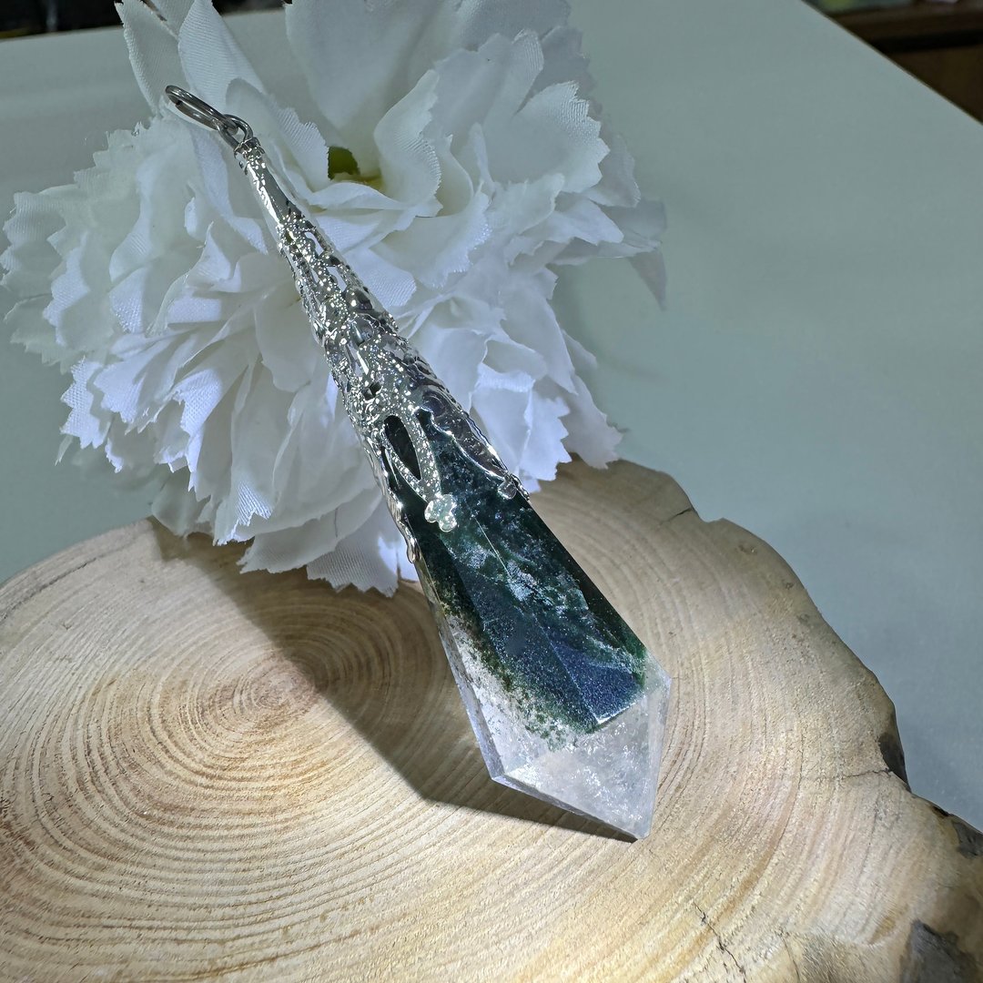 No.25 深绿色 聚宝盆 绿幽灵 彩虹光 水晶灵摆 吊坠 项链 灵摆 - 项链 - 水晶 透明