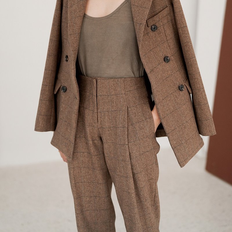 Carol 深咖格纹人字纹双排扣毛料西装 修身吸烟装外套 超复古 - 女装休闲/机能外套 - 羊毛 咖啡色