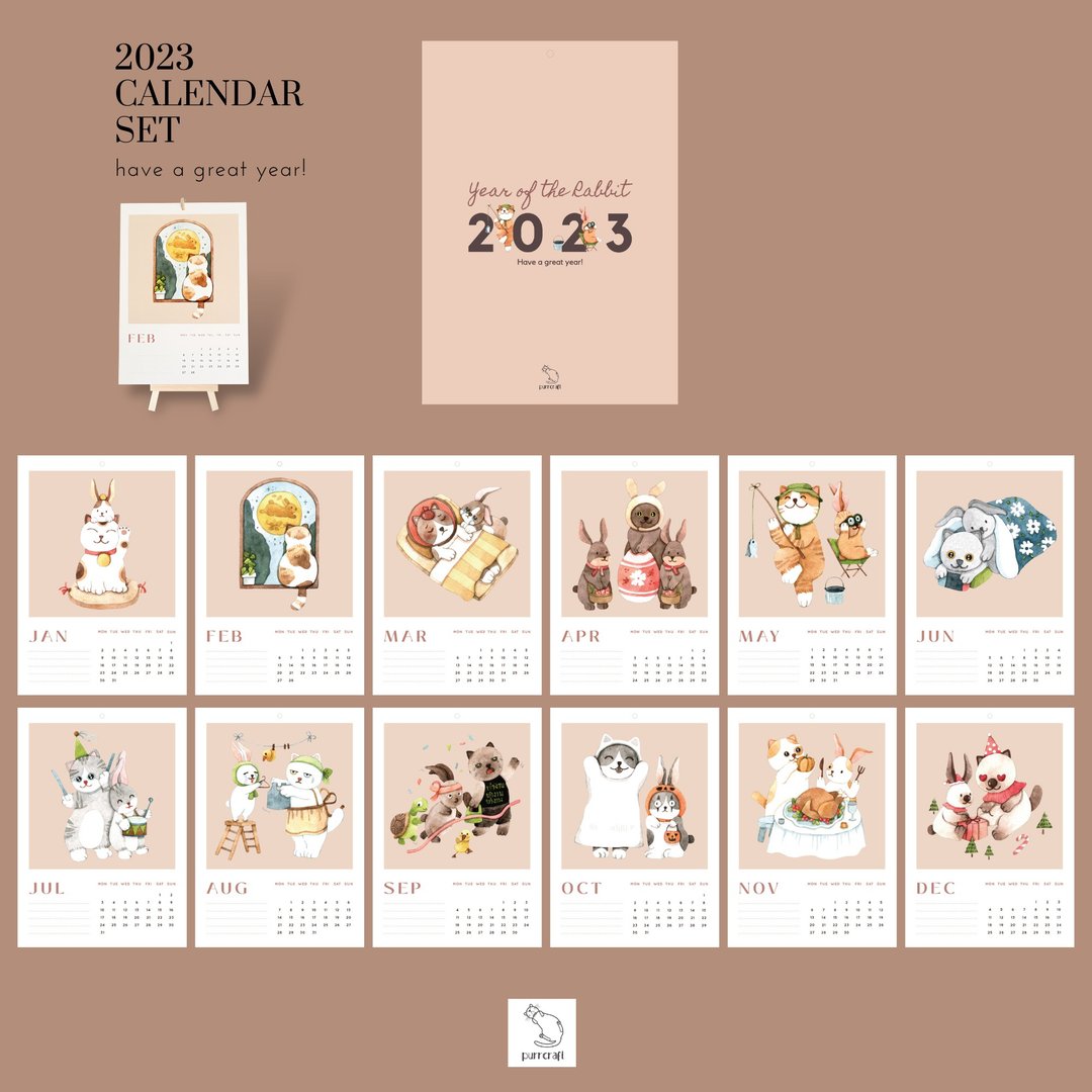 Printable PDF Monthly calendar 2023 Watercolor of Rabbits & Cats for Rabbit Year - 电子手帐及素材 - 其他材质 