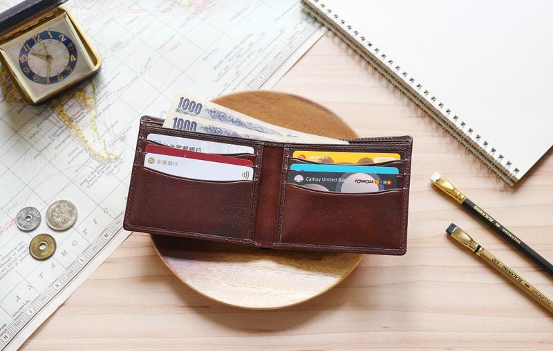 快速出货 意大利牛皮手作短夹 咖啡色 轻薄多卡层 免费刻字包装 - 皮夹/钱包 - 真皮 多色