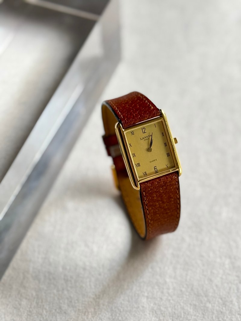 古董手表 Lanvin 浪梵 法国制 长方形石英手链 皮革表带 男女适用 - 女表 - 其他金属 金色