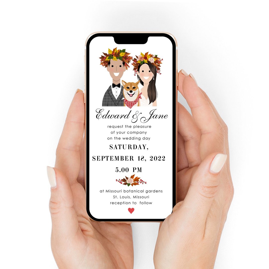 Autumn cute portrait wedding invitations. Cute bride and groom portrait invite. - 电子喜帖/贺卡/邀请函 - 其他材质 