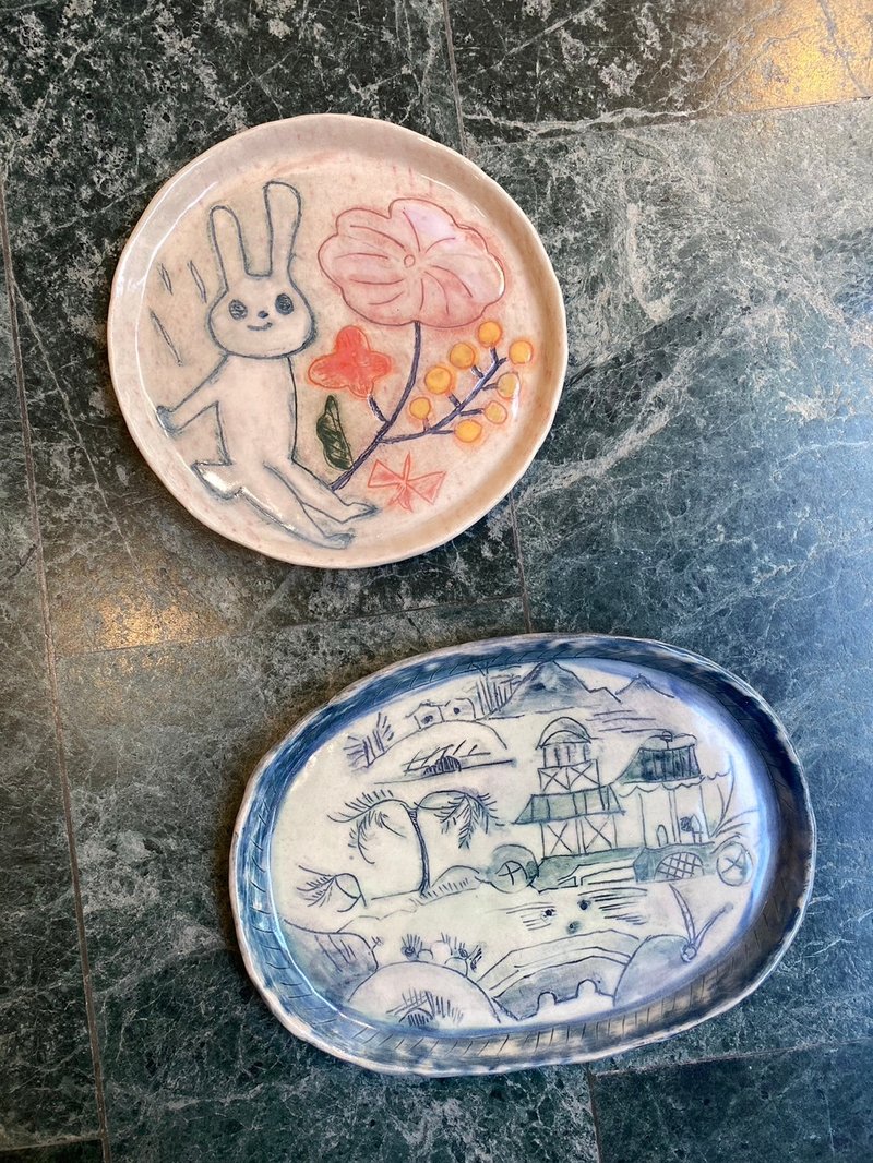 手捏釉下彩陶盘 - 陶艺 - 陶 