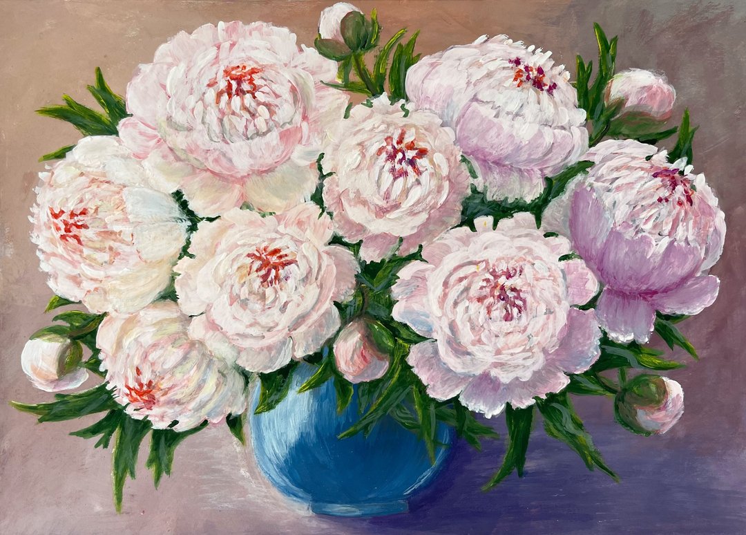 White peonies in a blue vase. Painting Gouache. - 墙贴/壁贴 - 纸 