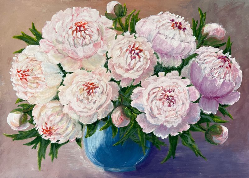 White peonies in a blue vase. Painting Gouache. - 墙贴/壁贴 - 纸 