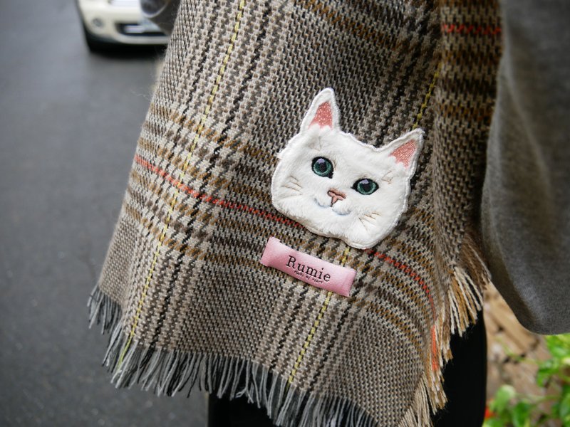 格纹 猫咪 刺绣围巾 - 丝巾 - 羊毛 